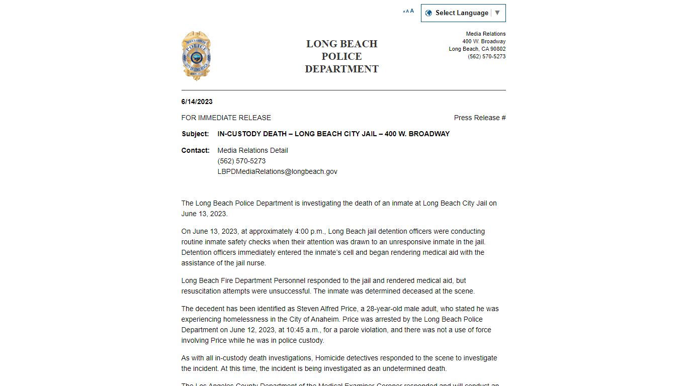 IN-CUSTODY DEATH – LONG BEACH CITY JAIL – 400 W. BROADWAY